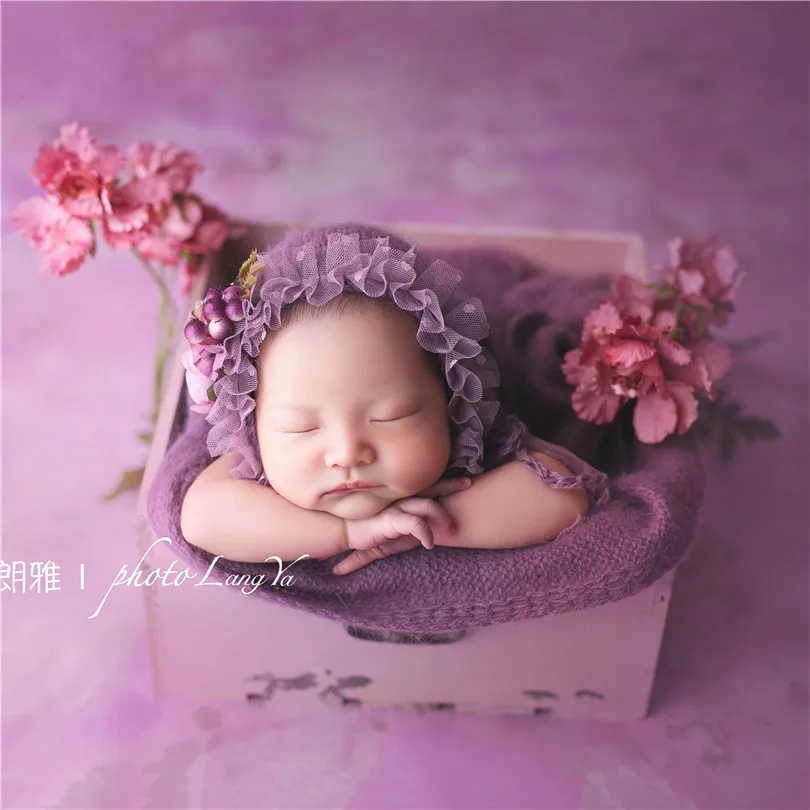 

Purple Newborn Floral Bonnet Photography Props Vintage Knit Bonnet Photo Prop Baby Girl Lace Flower Hat