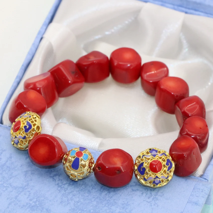 

Wholesale price gold-color cloisonne spacer beads natural irregular red coral 9-13mm diy strand bracelet jewelry 7.5inch B2721