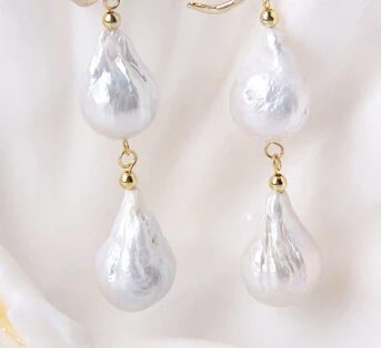 

wb00590 drip white Edison keshi reborn freshwater pearl dangle earrings14K