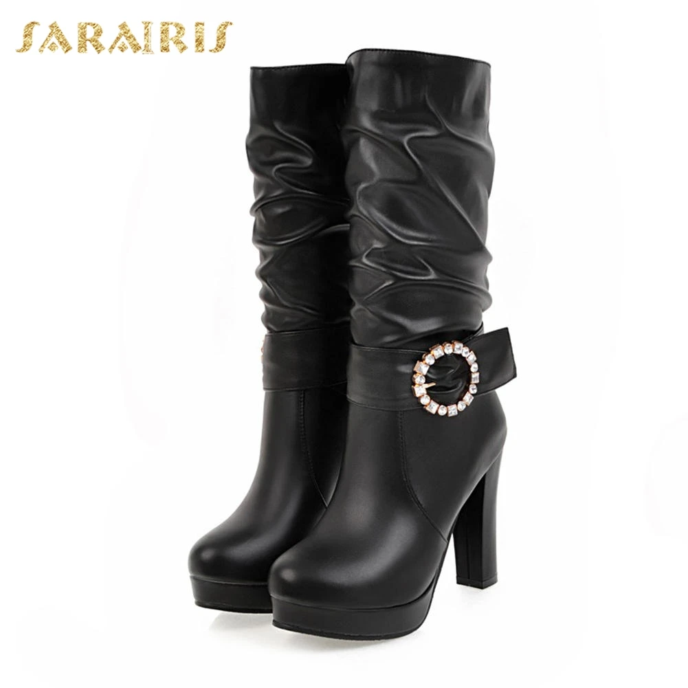 SARAIRIS/зимние ботинки на меху без застежки с металлическим украшением, большие размеры 32-43 Женская обувь женские ботинки до середины икры на высоком каблуке