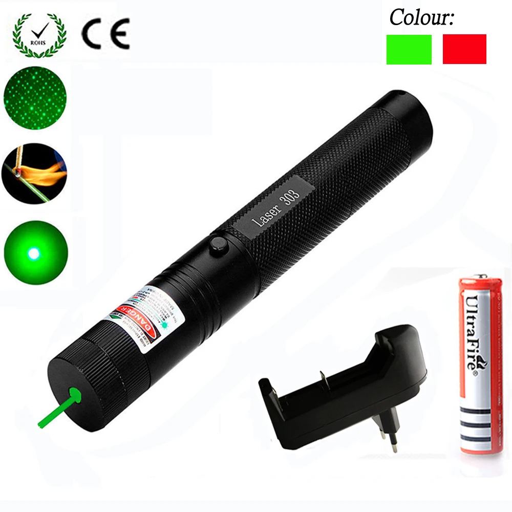 Зеленая/красная лазерная указка 532nm 5 мВт 303 лазерная ручка Регулируемая Звездная головка горящая спичка lazer с 18650 батареей + зарядное