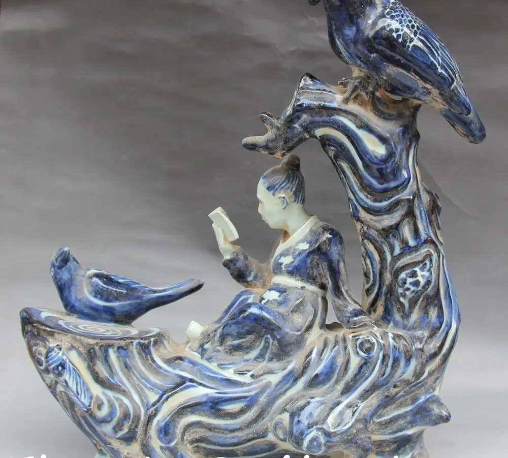 

18" Old Jingdezhen White Blue Porcelain People Man Read Book Tree Bird Statue