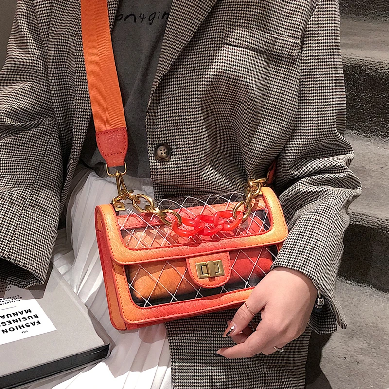 

Transparent women's bag PVC leather solid Clear colorful messenger bag vintage women Chain shoulder High bag handbag Purse 533