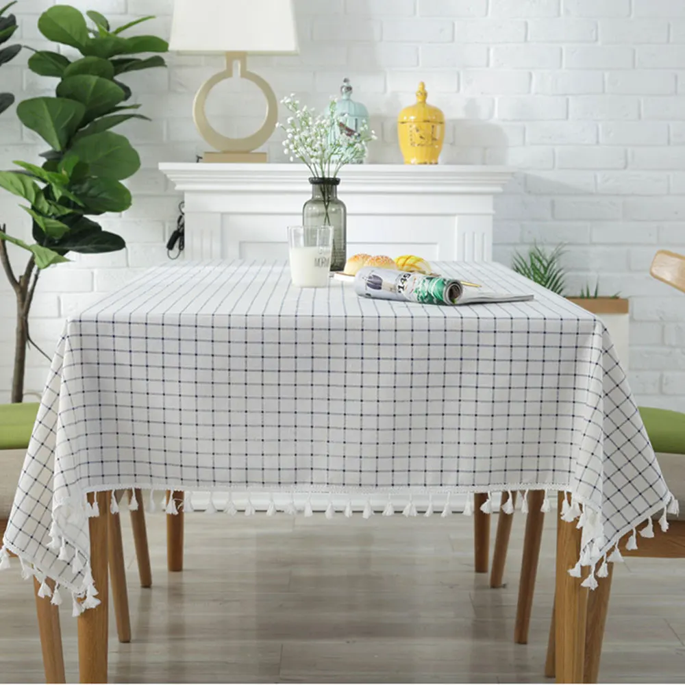

Plaid Solid Decorative Linen Tablecloth With Tassels Waterproof Oilproof Rectangular Wedding Dining Table Cover Tea Table Cloth
