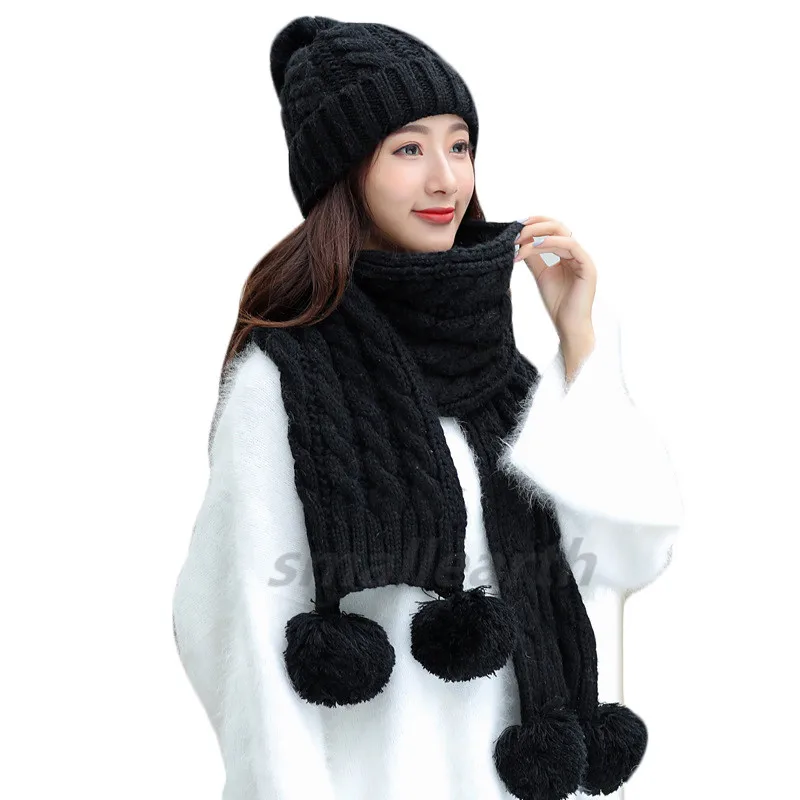 Комплект из 2 предметов, новая зимняя шапка с помпоном и шарф, набор для женщин и девочек, хлопковые теплые шапки, женские зимние повседневные однотонные вязаные шапки