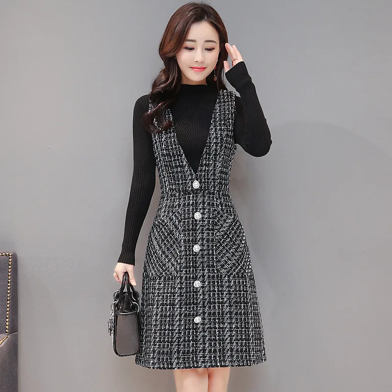 

Women Autumn Winter Vest Dress V-Neck Strap Dress Vintage Sleeveless Pocket Plaid Dress Female Slim Woolen Dresses Vestidos R541