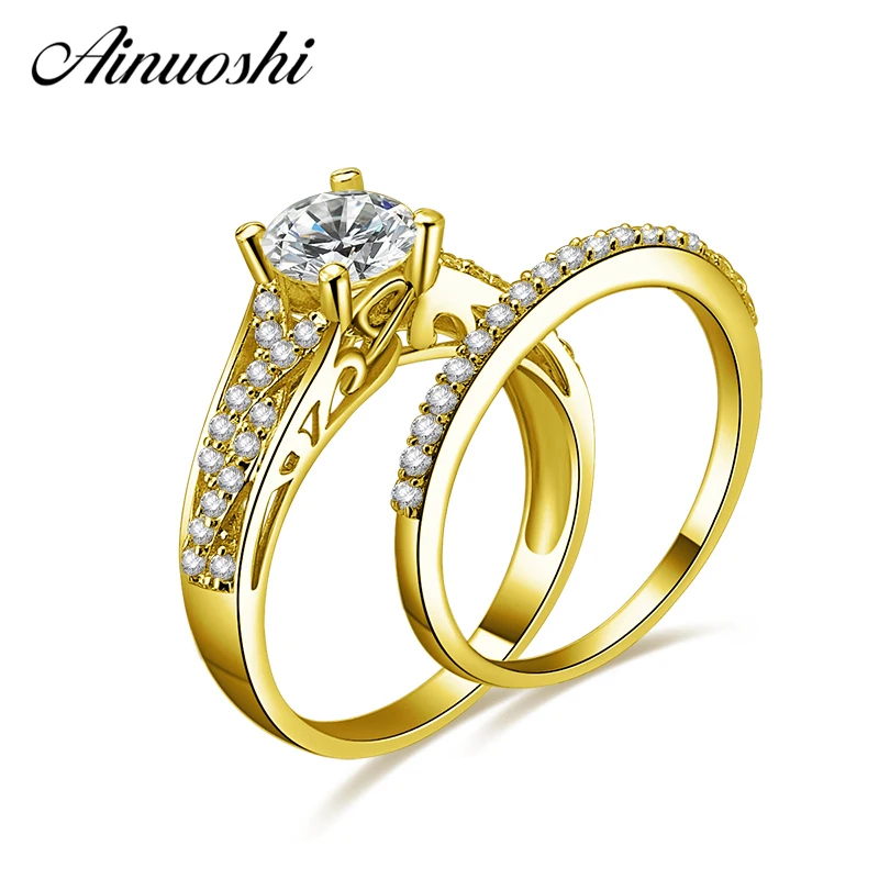 AINUOSHI 10k Solid Yellow Gold Wedding Ring Set Engagement Wedding Jewelry 4 Prongs 1ct Round Cut SONA Diamond Weaving Ring Set