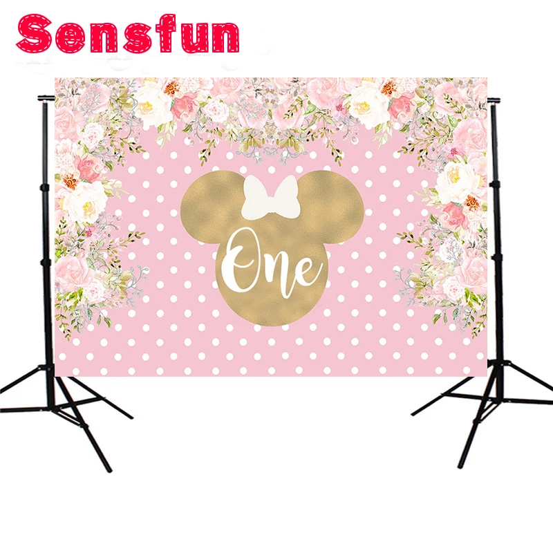 

Vinyl Cloth Pink Polka Dots Flowers Baby Shower Party Custom Photo Backgrounds Minnie Mouse photography Backdrops