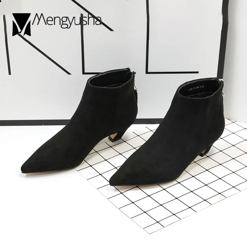 

elegant ladies strange kitten heels winter boots pointed toe suede leather ankle botas mujer 2018 warm plush chelsea bootiesc897