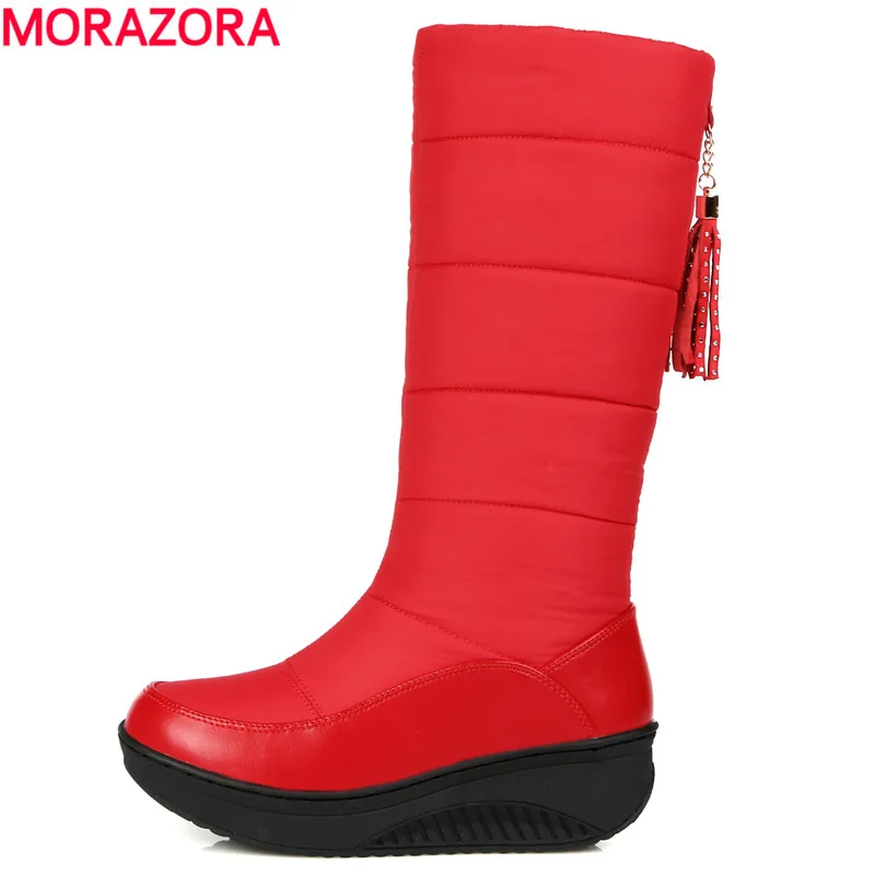 

MORAZORA 2018 New fashion Russia keep warm thick fur snow boots wedges heels platform knee high boots winter shoes woman