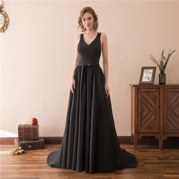 

Long prom dresses vintage black satin V neck backless with bow floor length women evening party dresses simple formal gowns
