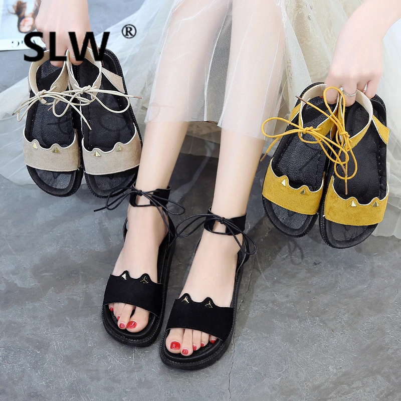 

shoes woman all match Elegant Beach flat sandals peep toe Wedges Fabric Flock wedge Rome summer soulier femme Casual Solid