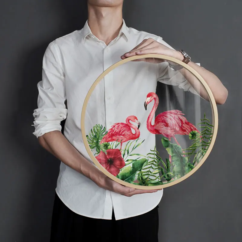 

Nordic style Flamingo green plant decoration painting Round glass transparent painting alphabet mural Hanging painting