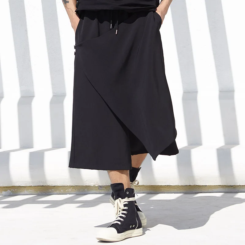 

Men Ankle Pants Skirt Culottes Men Trousers Personality Hipsters Japanese Casual Fake Two Pants Fashions Drawstring Original New