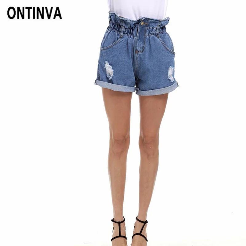 Elastic Waist Ripped Denim Shorts Women Casual High Waist