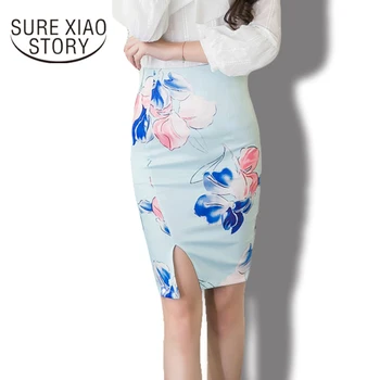 

2019 New Arrival Fashion Knee-Length Skirt Women High Waist Printed Blue Color Skirt Female Elegant Sexy Plus Size Skirt 325H 30