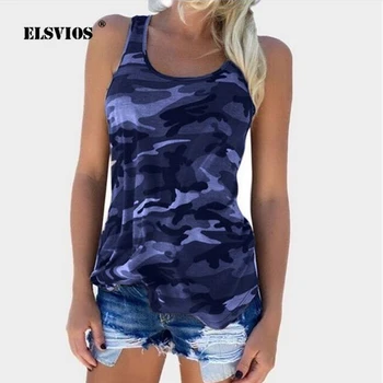 

ELSVIOS Plus Size T-shirt 2019 Camouflage Vest Women Fashion Sleeveless Casual Tees Tops Sexy Printed O-Neck Summer Beach Shirts