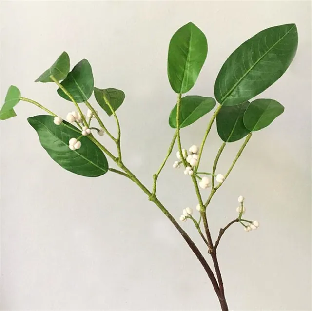 Long stem Artificial tree branch with green leaves white fruit for home