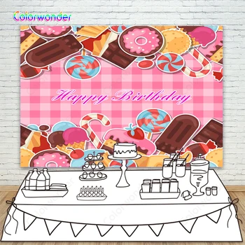 

Cartoon Ice Cream Cake Lollipop Candy Chocolate Backdrop Pink Lattice Photo Background For Girls Happy Birthday Party Banner
