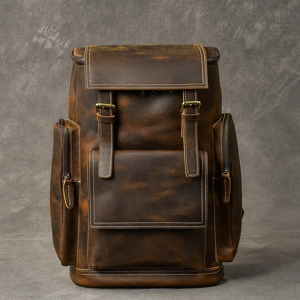 Retro Genuine Leather Men's Backpack Large Capacity laptop bag school backpack male shoulder bags Brown leather Travel Backpacks