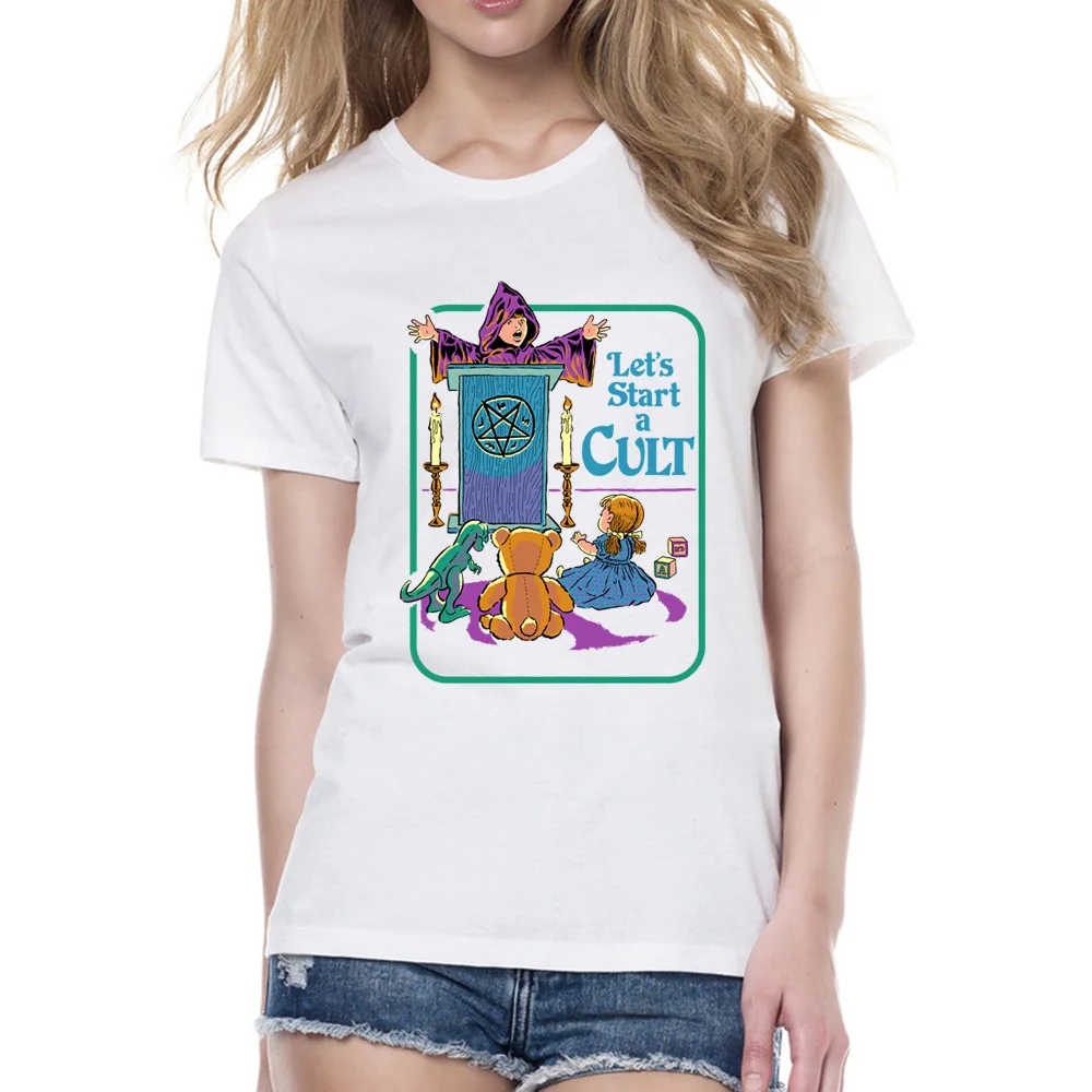 

Women 70s Vintage Lets Start A Cult Illustration T-Shirt Gothic Grunge Printed Tee Shirt Clothing Female Casual T Shirts