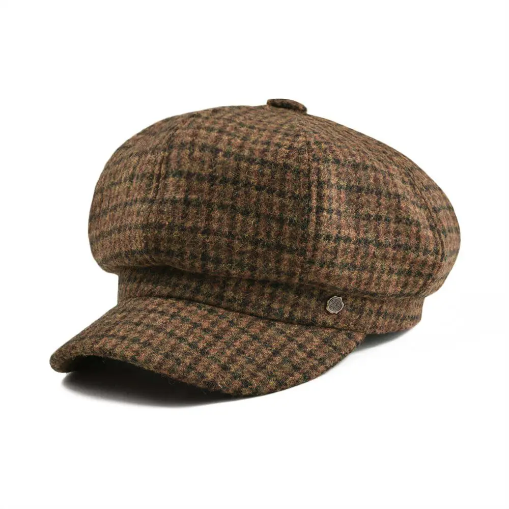 VOBOOM Ladies Irish Wool Women's Tweed Newsboy Cap Plaid Yellow Brown Beret Caps Girl Eight