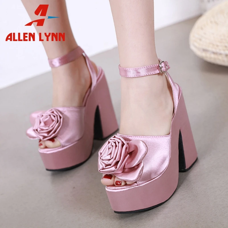 

ALLENLYNN New Sexy Silk Platform Sandals Women 2020 Summer Pink Flower Party Wedding Sandals Women High Heels Shoes Woman