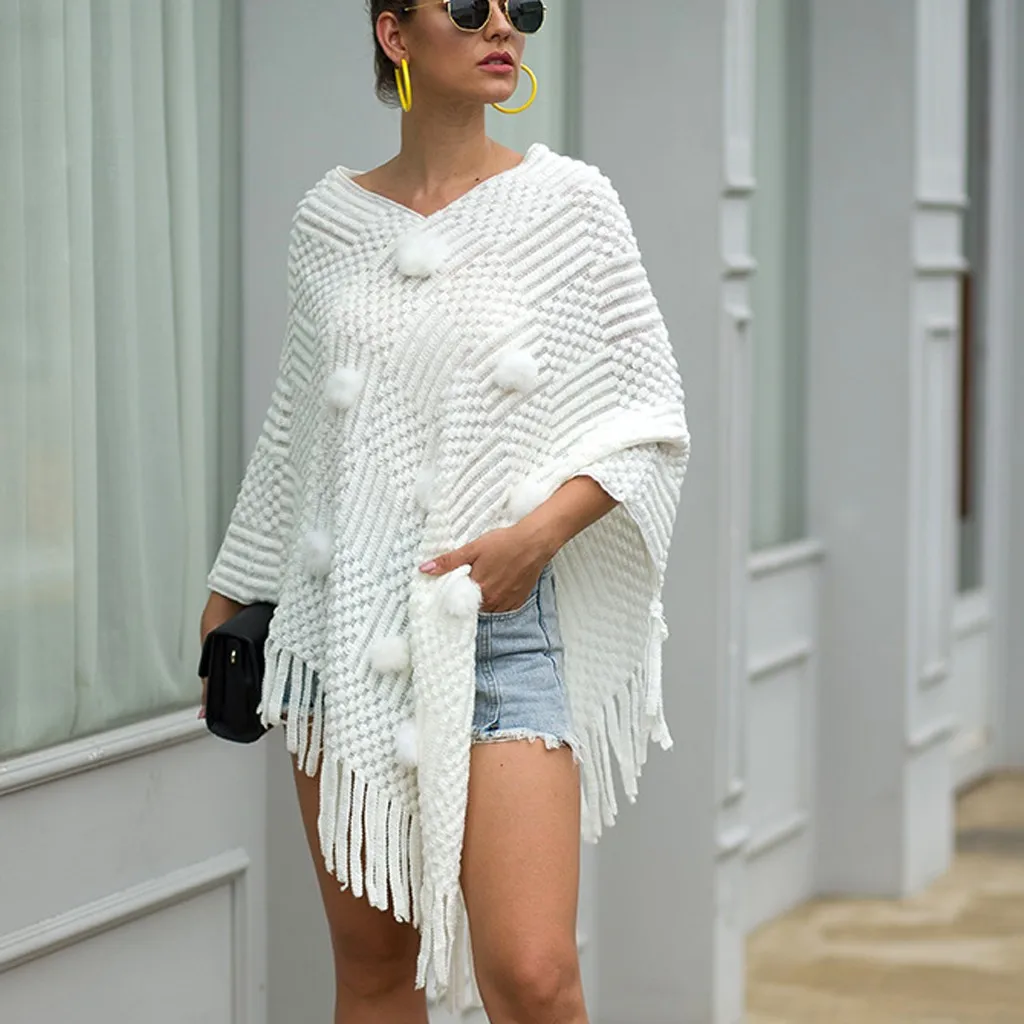 Women Winter Sweater V-Neck Solid White Black Red Hairball Tassel Loose Knitted Cloak Shawl Sweater Women Sweater Chompas Mujer