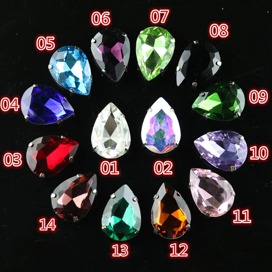 18x25mm 5pcs/bag, 14 color water-drop shape glass crystal rhinestone Handmade sew on claw beads Silver bottom sewing use dress
