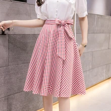 New Korean Chic Plaid Lace-Up High Waist Umbrella Skirt Women Summer Casual A-line Knee-length Skirts Womens Midi Skirt