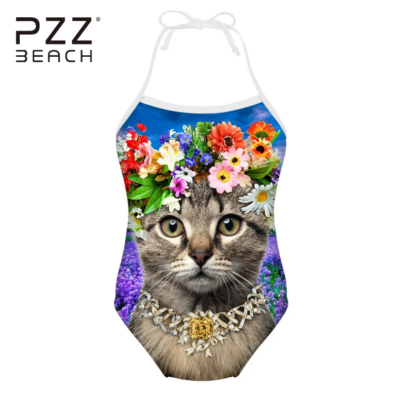 Cute Cat Print Swimsuit For Girls Flower Swimwear Baby Infantil Bathing