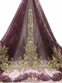 

2018 High Quality Purple Gold African Lace Fabric/French Net Embroidery Sequins 3 D Flowers Tulle Lace Fabric French Lace Fabric