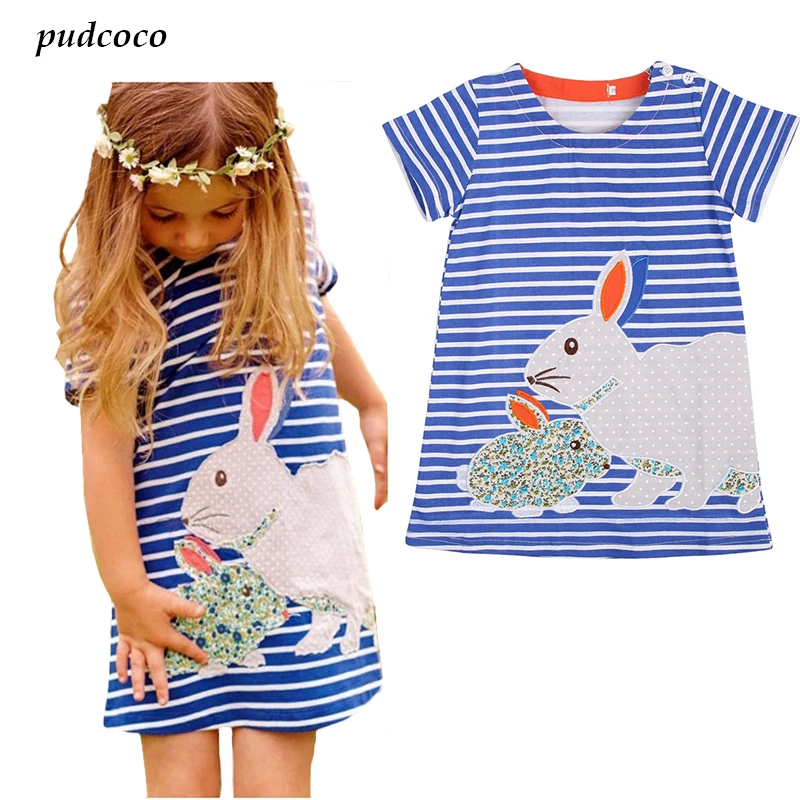 

2017 Summer Baby Kids Girls Toddlers Short sleeve Cute Rabbit Blue Striped Sun Dress 2-7Y baby girl summer dress