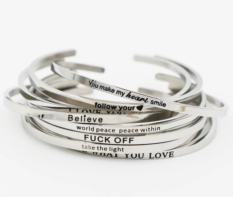 Silver Stainless Steel LIVE WHAT YOU LOVE Cuff Bracelet Bangle Engraved