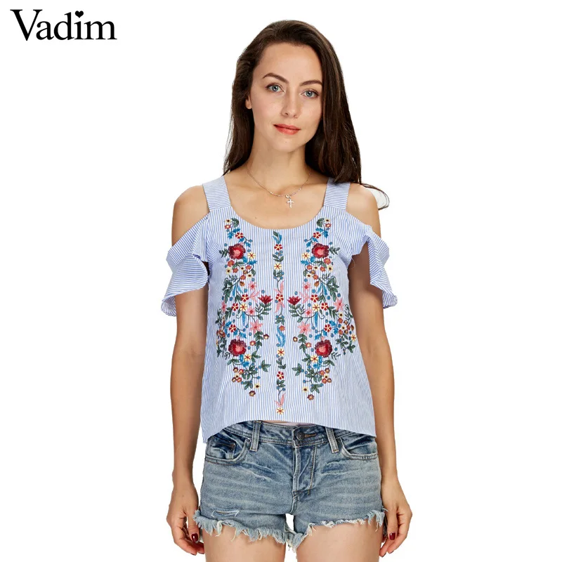 

Vadim off shouder floral embroidery striped shirts sweet ruffles short sleeve blouse ladies casual brand tops blusas DT1103