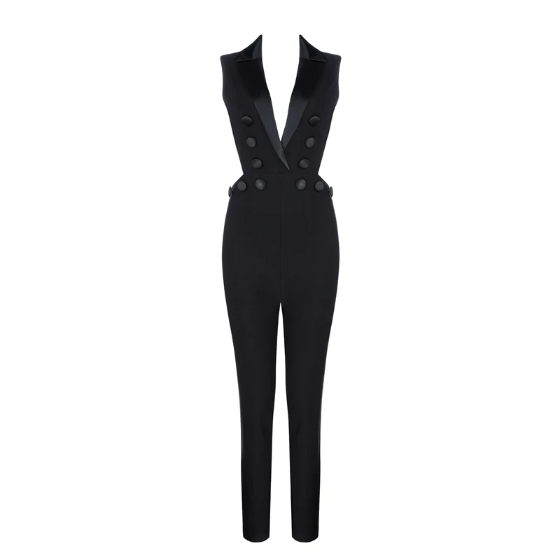 Beateen 2018 Black Cut Out Backless Sexy Jumpsuits Deep V Buttons Skinny Pant Full Length Women Party