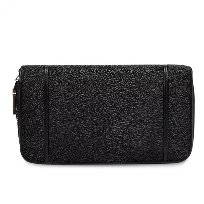 Classical Black White Genuine Stingray Skin Leather Women's Large Wristlets Bag Female Wallet Zipper Closure Lady Clutch Purse