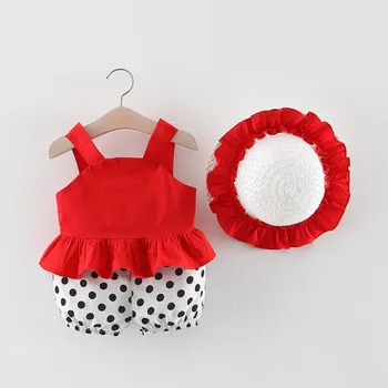 

Baby Clothes Set 2019 Girls Solid Color Sling Tops + Polka Dot Shorts + Sun Hat Kids Clothes