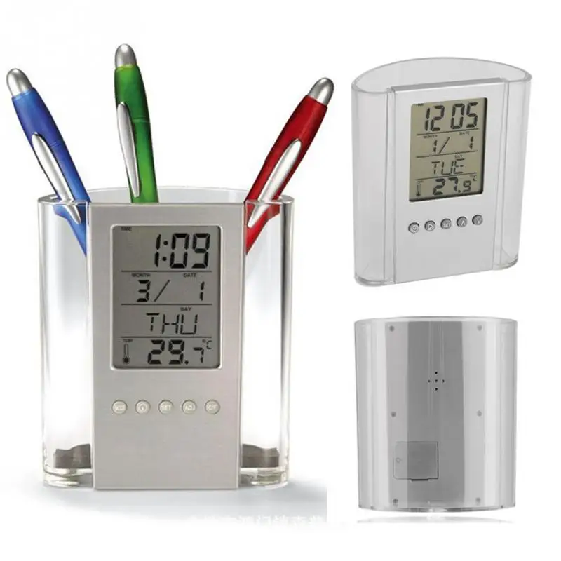 

Perpetual Calendar Pen Holder Alarm Clock Function Digital Desk Pen / Pencil Holder LCD Alarm Clock Thermometer Calendar Display