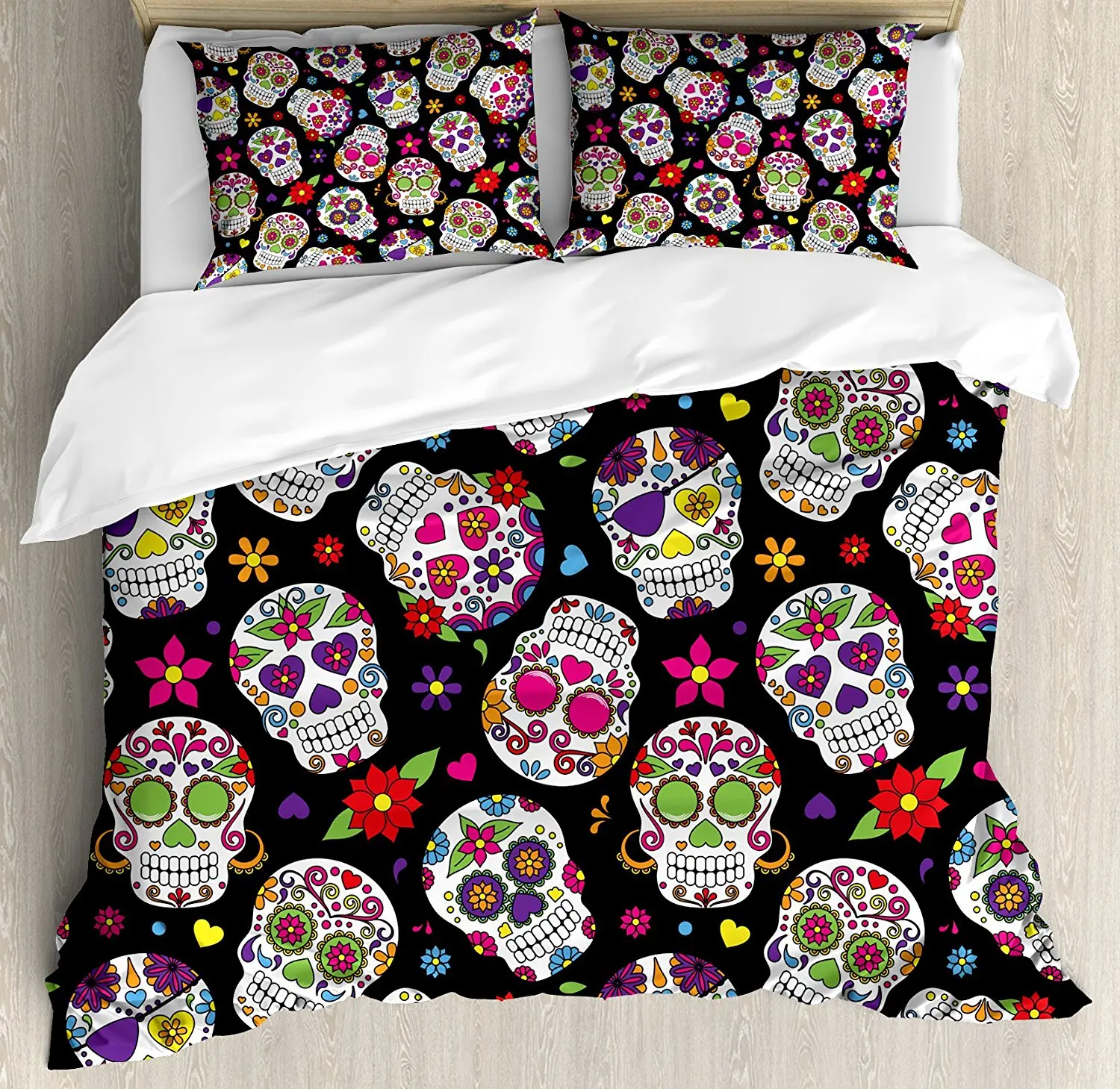 

Sugar Skull Decor Duvet Cover Set Queen Size Festive Graveyard Mexico Ritual Figures Mask Design on Black Backdrop Multicolor