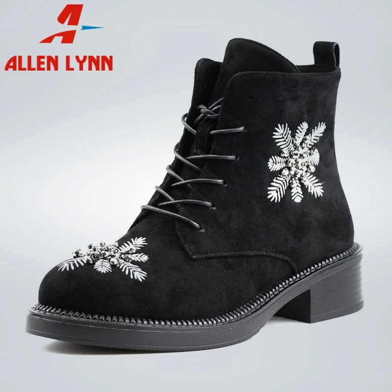 

ALLEN Brand New Lace Up Metal Decoration Crystal Wide Heels Shoes Woman 2019 Casual Office Spring Autumn Ankle Boots