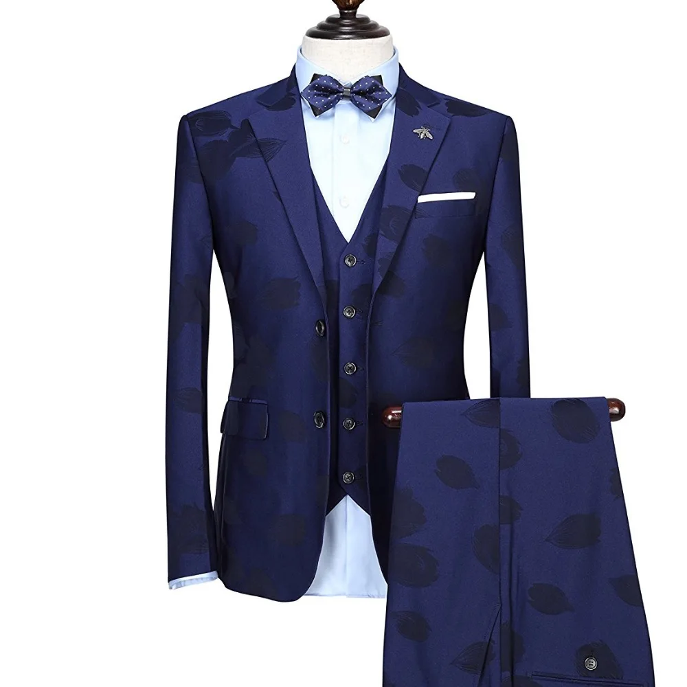 Men Suit Latest Coat Pant Design Single Breasted Slim Royal Blue Floral ...