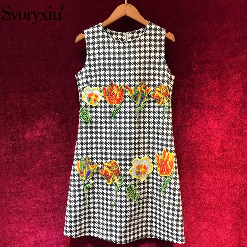 

Svoryxiu Runway Vintage Houndstooth Printed Summer Tank Short Dress Women's luxury Beading A-Line Party Dresses Vestdios 2019