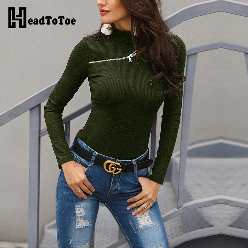 

2019 Spring Women Zipper T-shirt Tops Office Lady Long Sleeve T Shirts Female Turtleneck Elegant Pullover Tops
