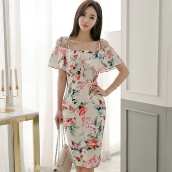 

Summer Strap Ruffles Chiffon Blouse Midi Pencil Print Skirt Sexy Two Piece Bodycon Set Dress