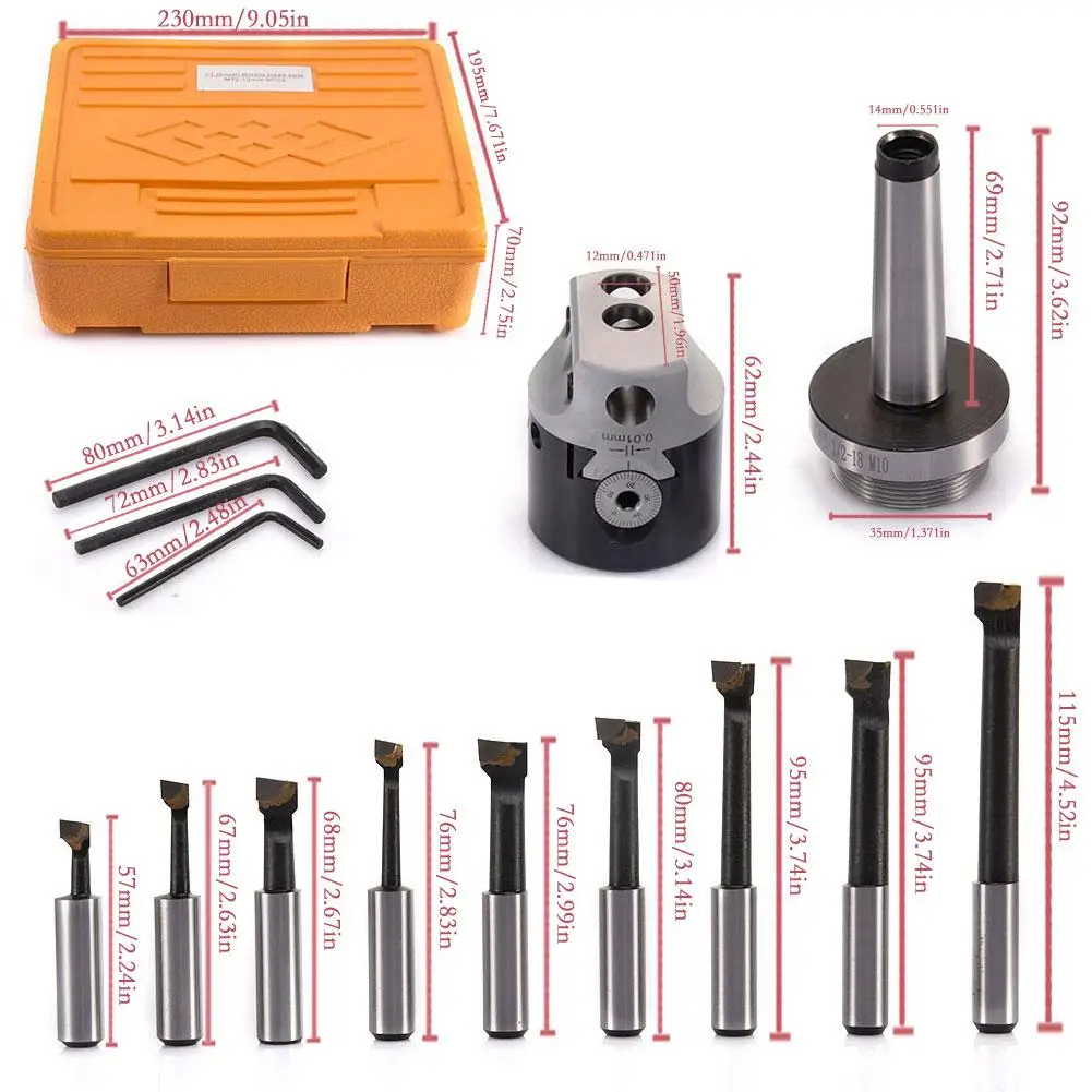 

1 Set Milling Machine Accessories Tool F1-MT2-1 1/2-18 M10 50mm Boring Head with 9 12mm Boring Bar