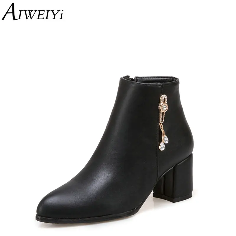 

AIWEIYi Solid Color Ankle Boots for Women Square High Heels Black Booties Rhinestone Platform Shoes Basic Pumps Short Boots