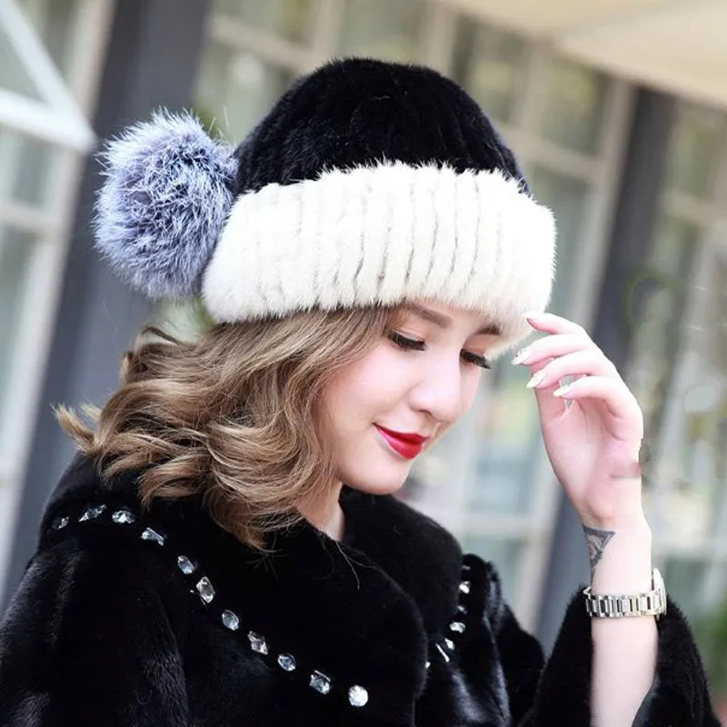 

New mink hat Ladies fashion Fox fur ball fur hat Mink knit hats Casual mink hat Female Headgear MZ032