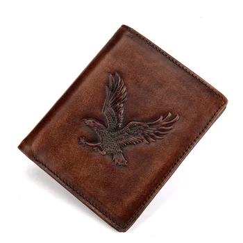 

Men Bifold Purse Cash Clips Card Holder Coin Pocket Eagle Pattern Retro Brush Color High Quality Genuine Leather Short Wallet