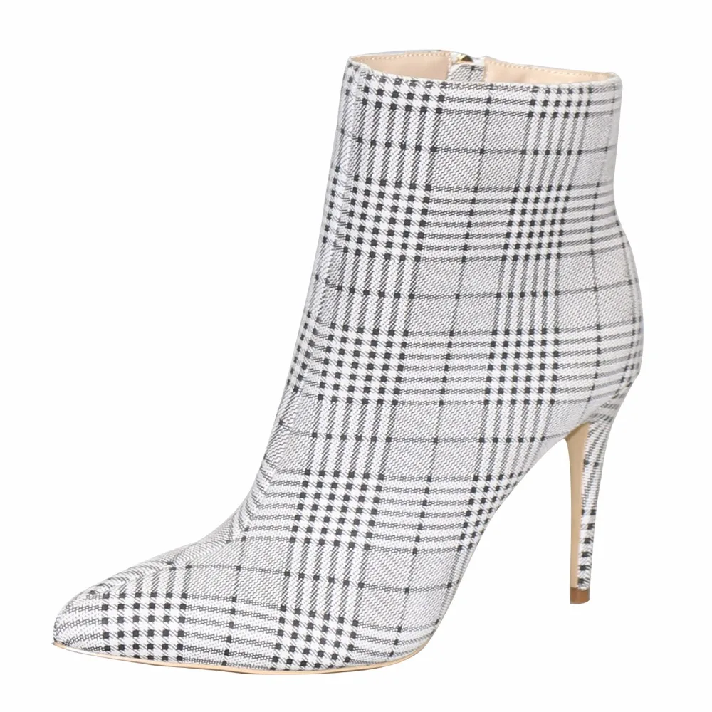 

Houndstooth British style temperament pointed high heel boots Side zipper feminine small boots stiletto ankle boots size35-43